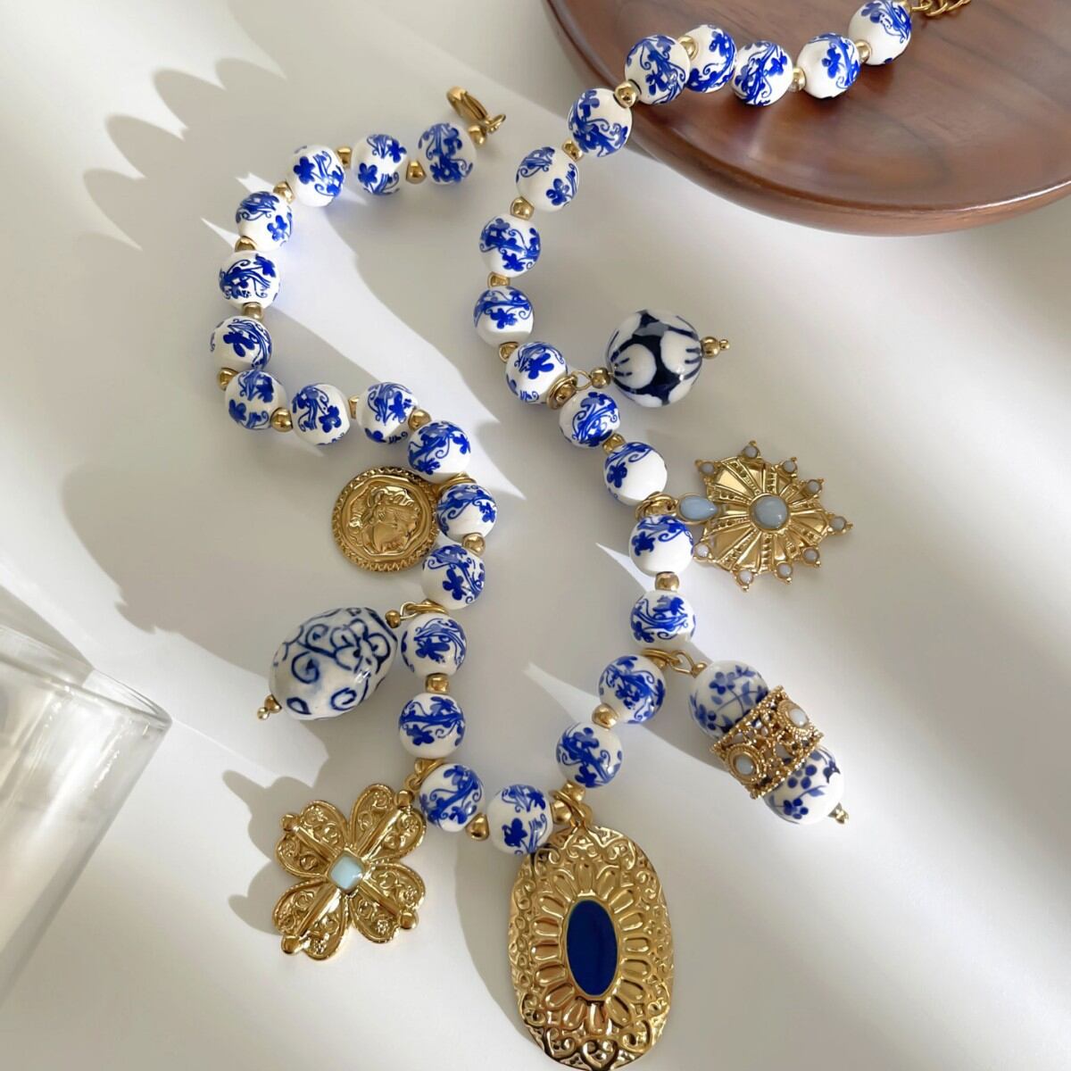 Retro Qinghua Porcelain Beads Stainless Steel Waterproof Gold Color Women's Beaded Necklaces
