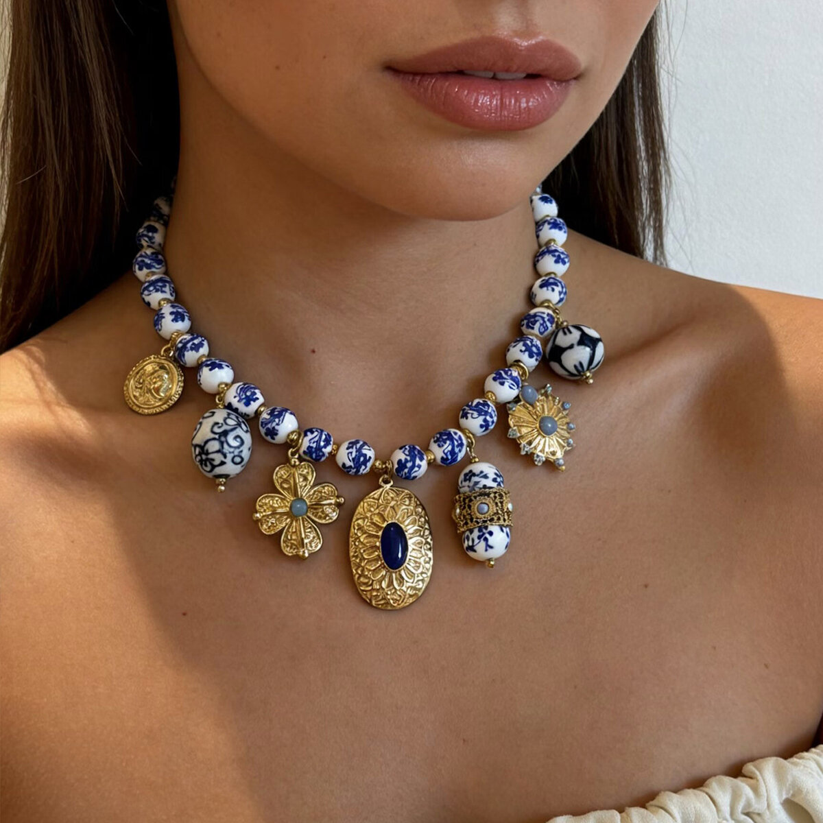Retro Qinghua Porcelain Beads Stainless Steel Waterproof Gold Color Women's Beaded Necklaces h5 Picture4