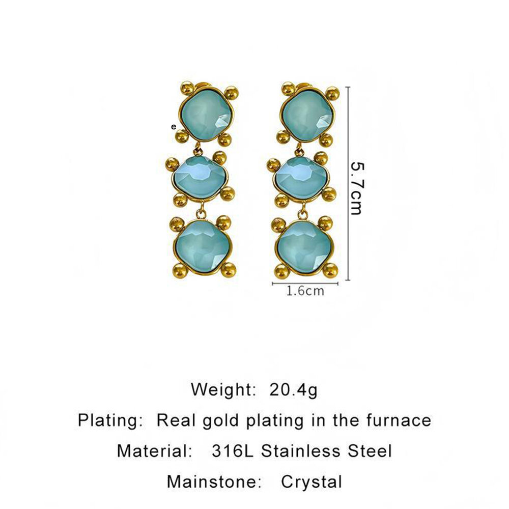 Retro Rectangle Stainless Steel Waterproof Gold Color Crystal Women's Dangle Earrings