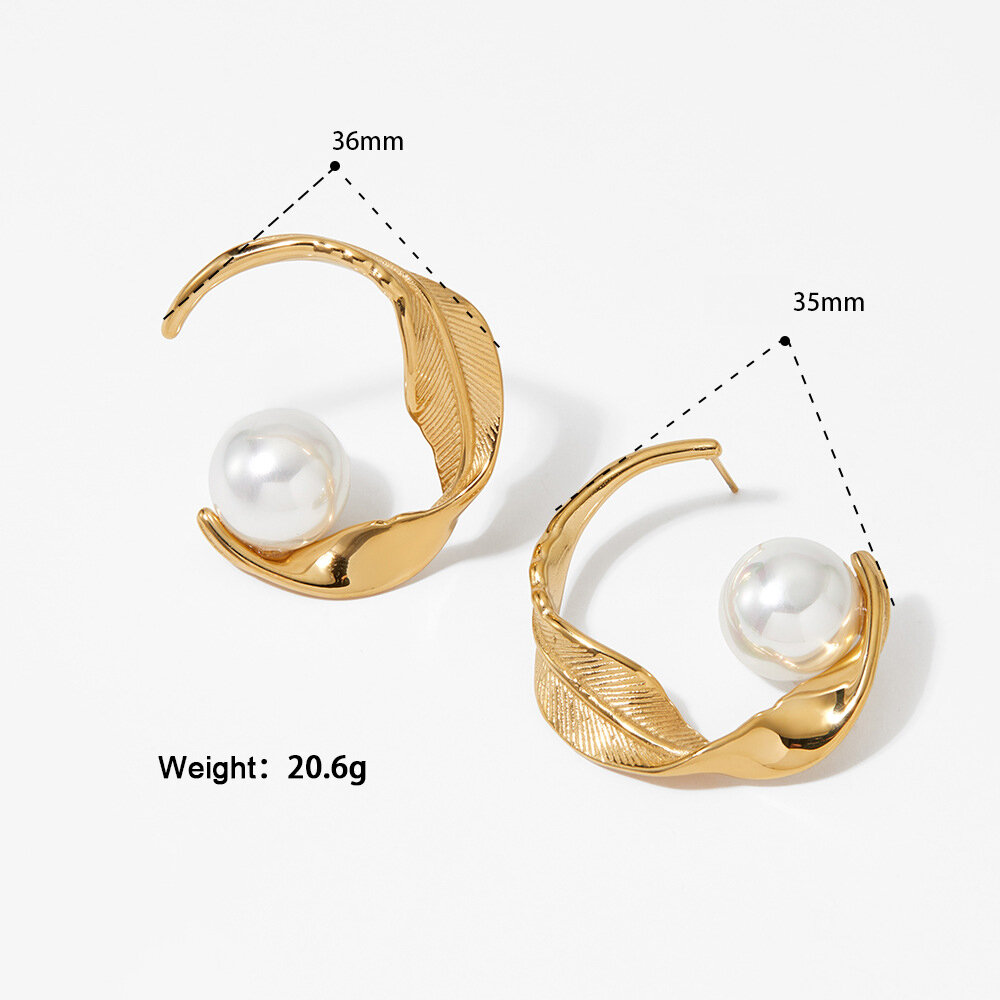 Retro Leaf Stainless Steel Waterproof Gold Color Pearl Women's Stud Earrings