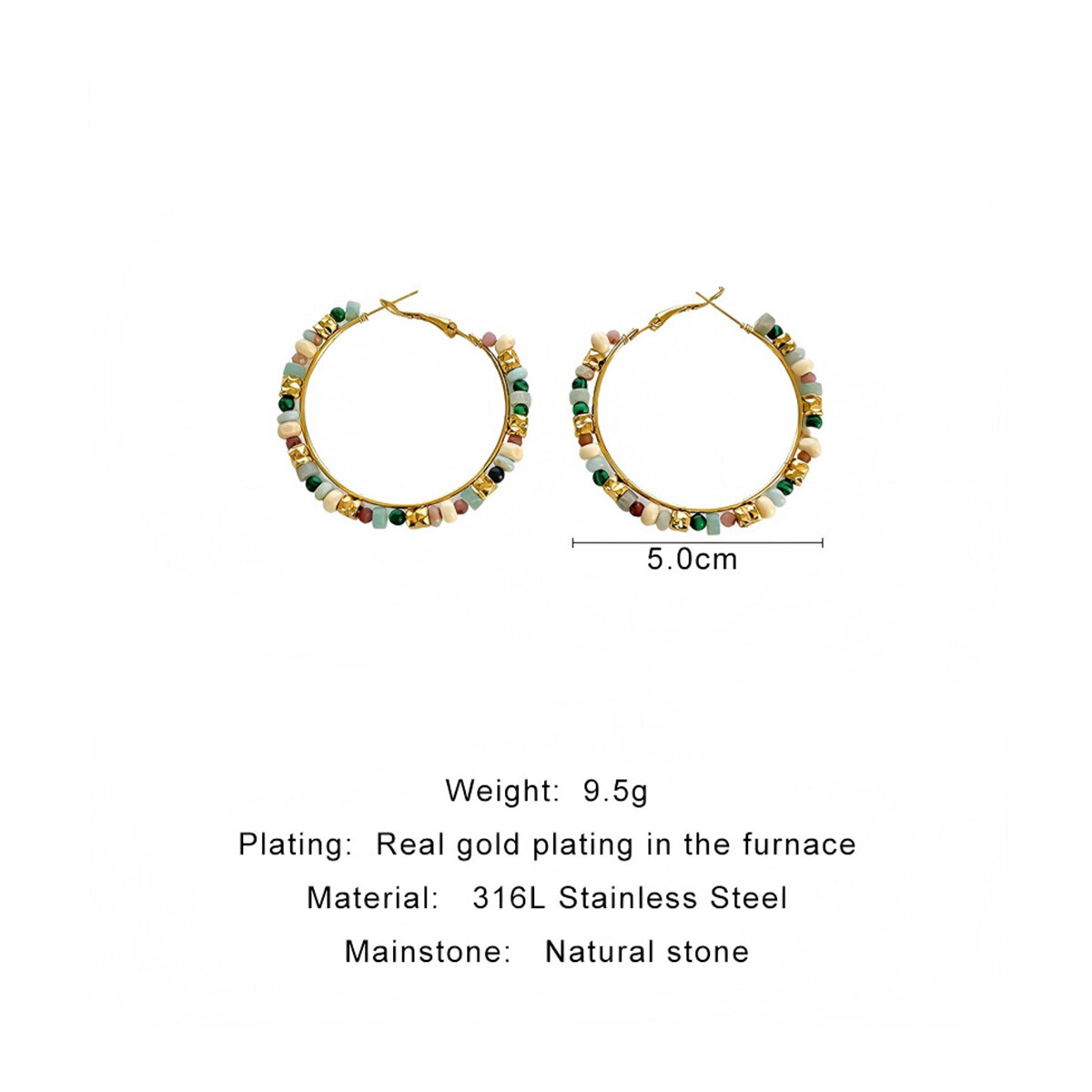 Natural Stone Beads Stainless Steel Waterproof Gold Color Women's Hoop Earrings