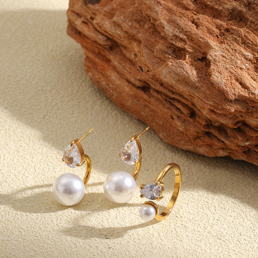 Elegant Droplet Stainless Steel Waterproof Gold Color Zircon Pearl Women's Earring Sets h5Picture3