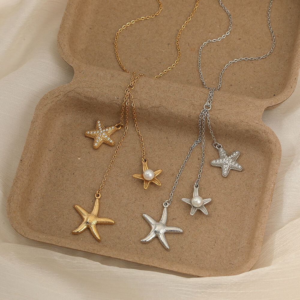 Vacation Oceanic Style Starfish Stainless Steel Waterproof Gold Color Rhinestone Pearl Women's Pendant Necklaces
