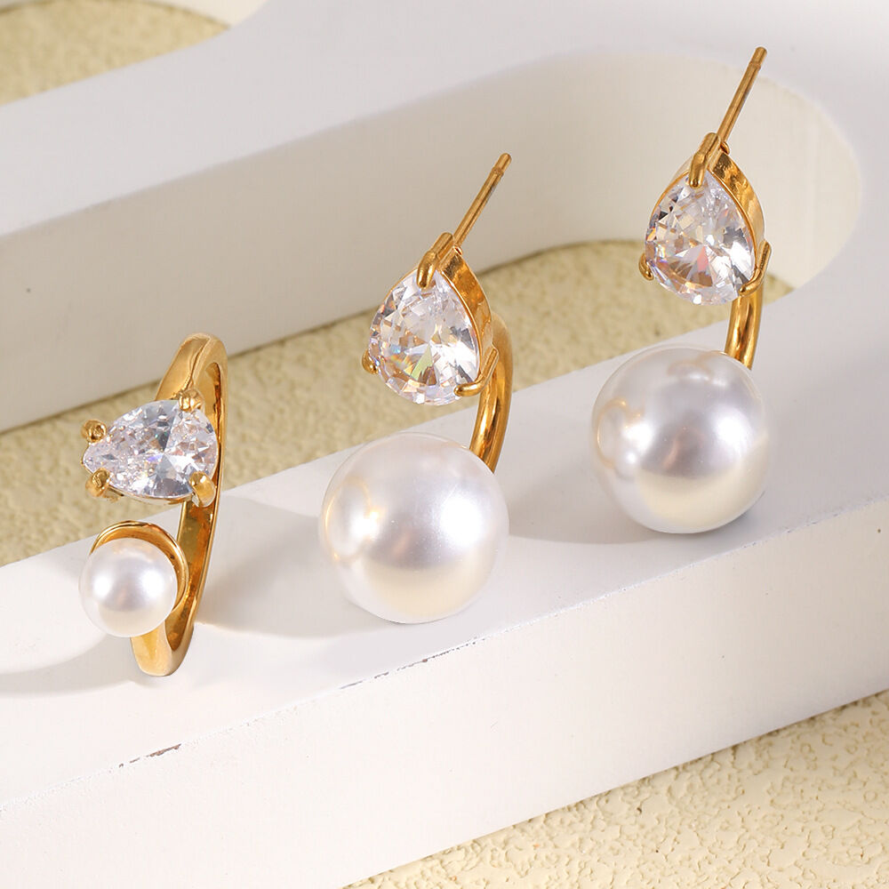 Elegant Droplet Stainless Steel Waterproof Gold Color Zircon Pearl Women's Earring Sets h5 Picture4