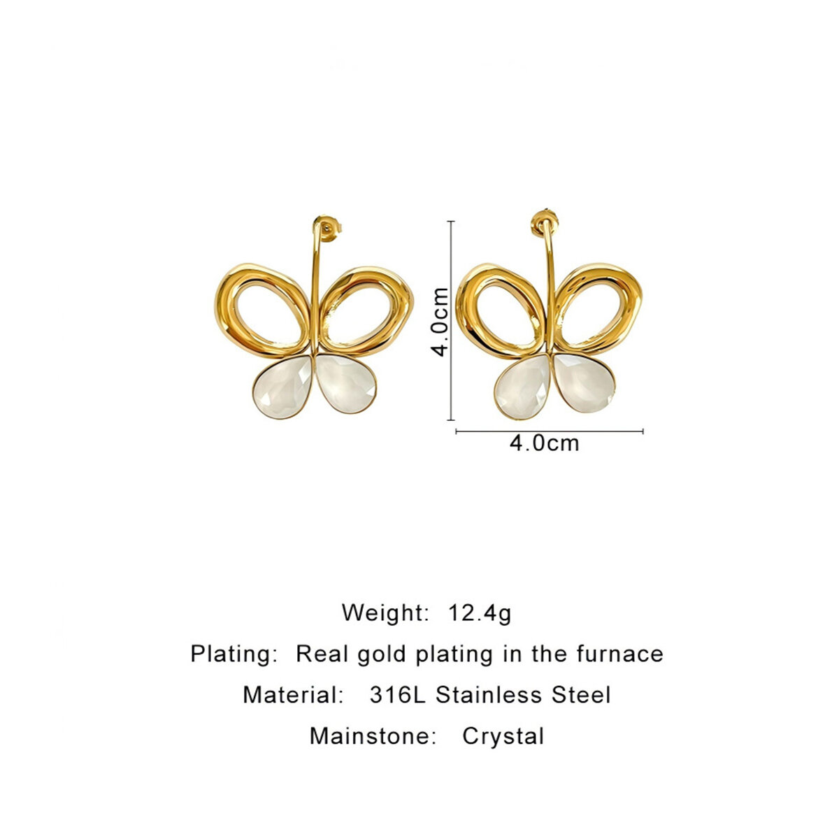 Sweet Butterfly Stainless Steel Waterproof Gold Color Crystal Women's Stud Earrings 