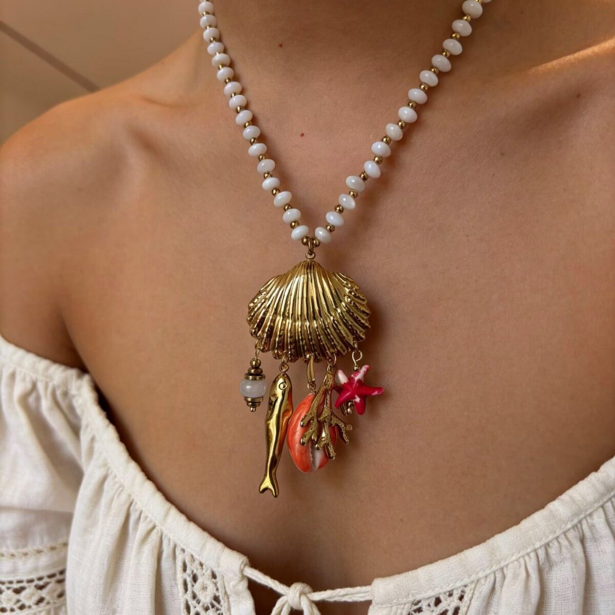Vacation Oceanic Style Fish Stainless Steel Waterproof Gold Color Natural Stone Women's Beaded Necklaces