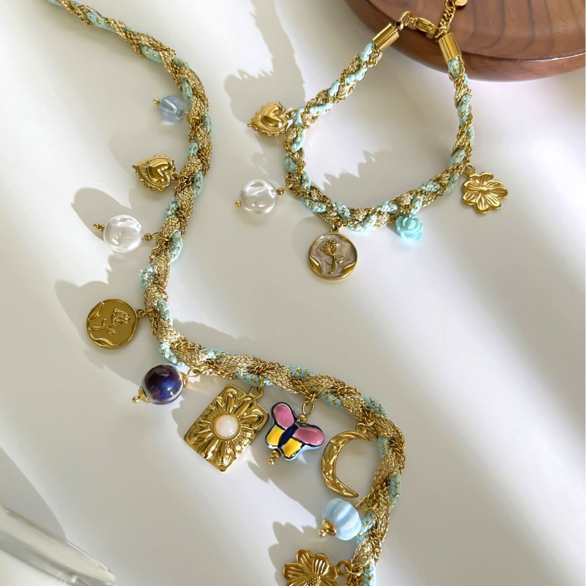 Retro Flower Butterfly Stainless Steel Waterproof Gold Color Women's Braided Necklaces