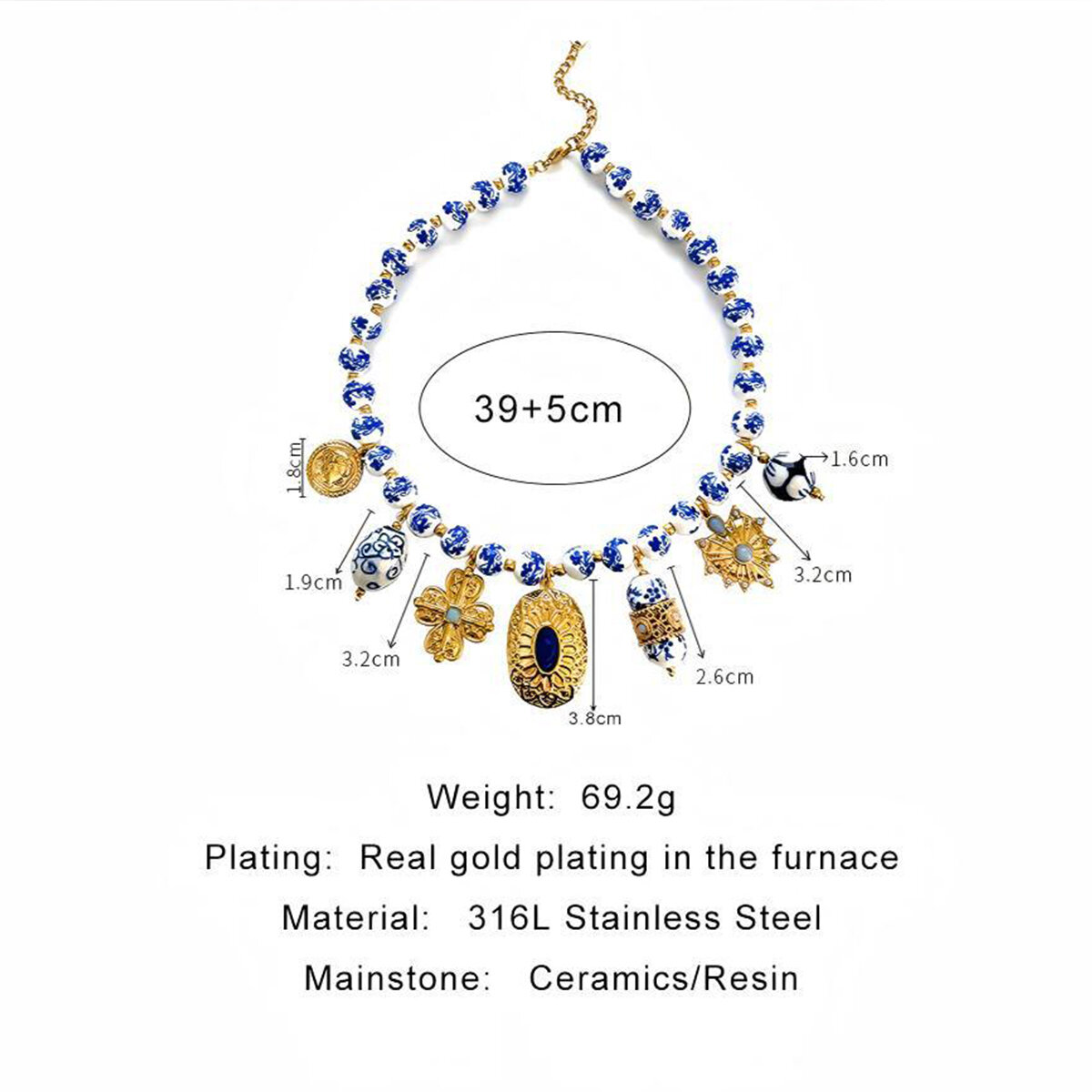 Retro Qinghua Porcelain Beads Stainless Steel Waterproof Gold Color Women's Beaded Necklaces