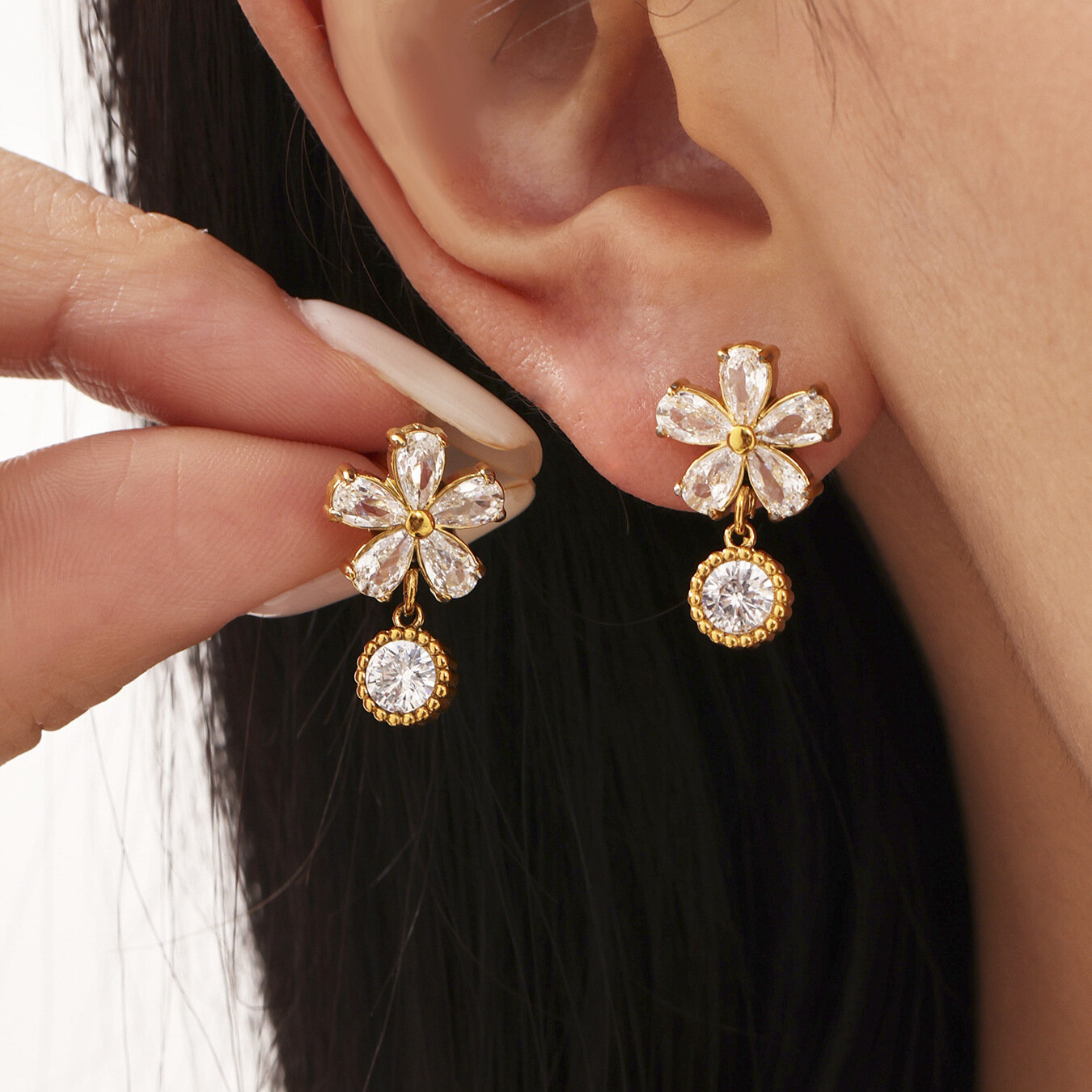 Sweet Flower Stainless Steel Waterproof Gold Color Zircon Women's Drop Earrings