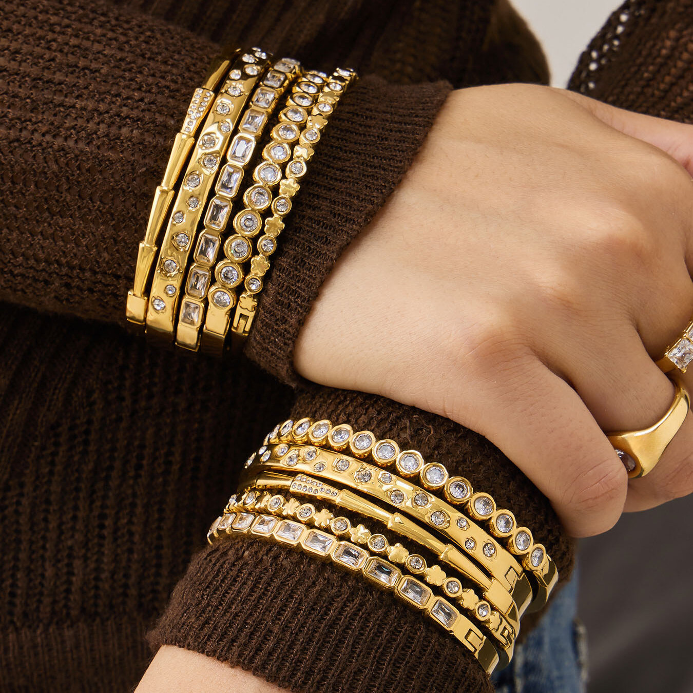 Classic Rectangle Stainless Steel Waterproof Gold Color Zircon Women's Bangles