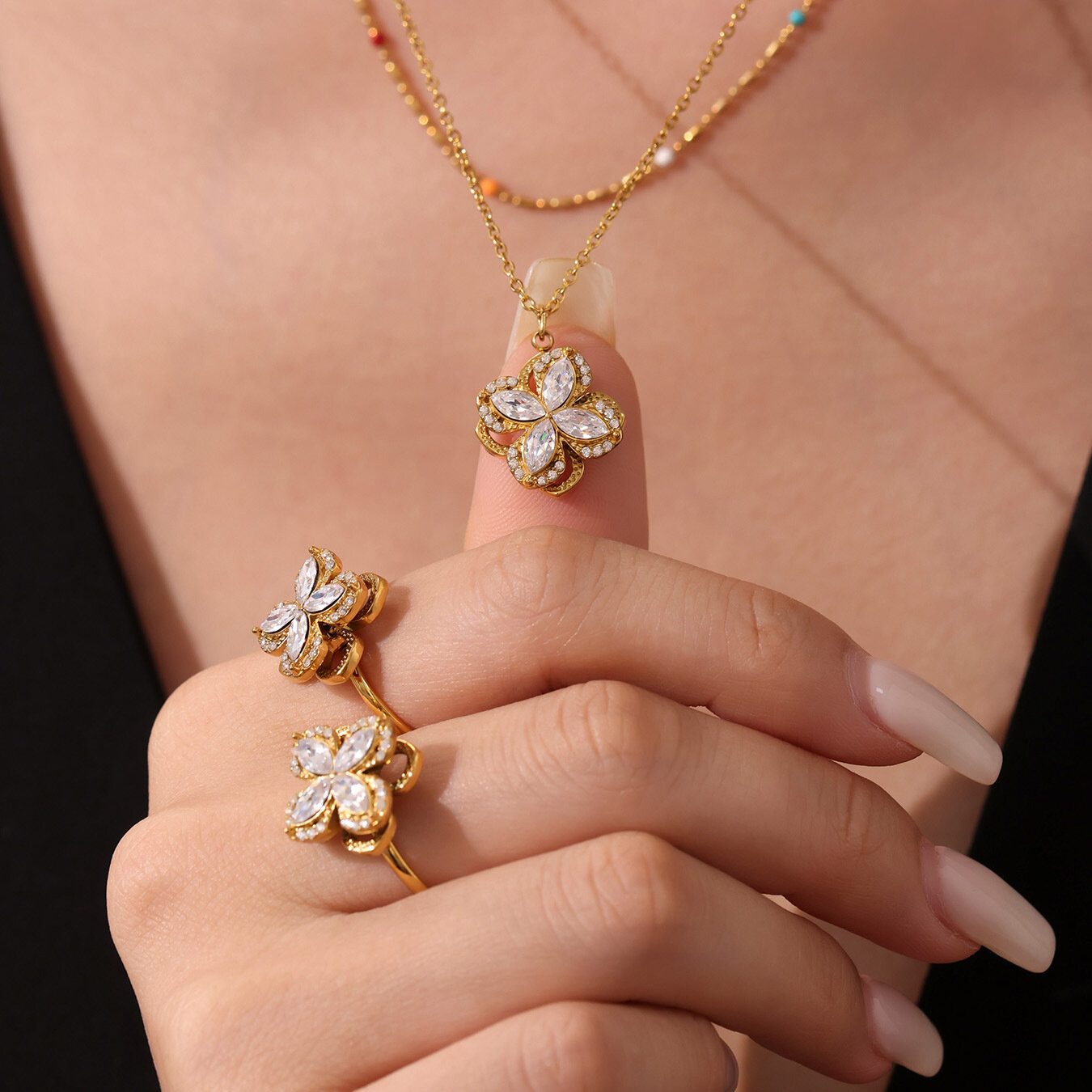 Elegant Flower Stainless Steel Waterproof Gold Color Zircon Women's Necklaces Sets