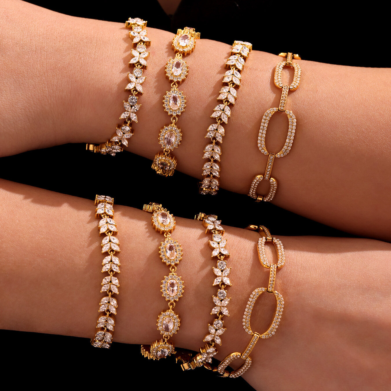 Luxurious Flower Circle Stainless Steel Waterproof Gold Color Zircon Women's Chain Bracelets