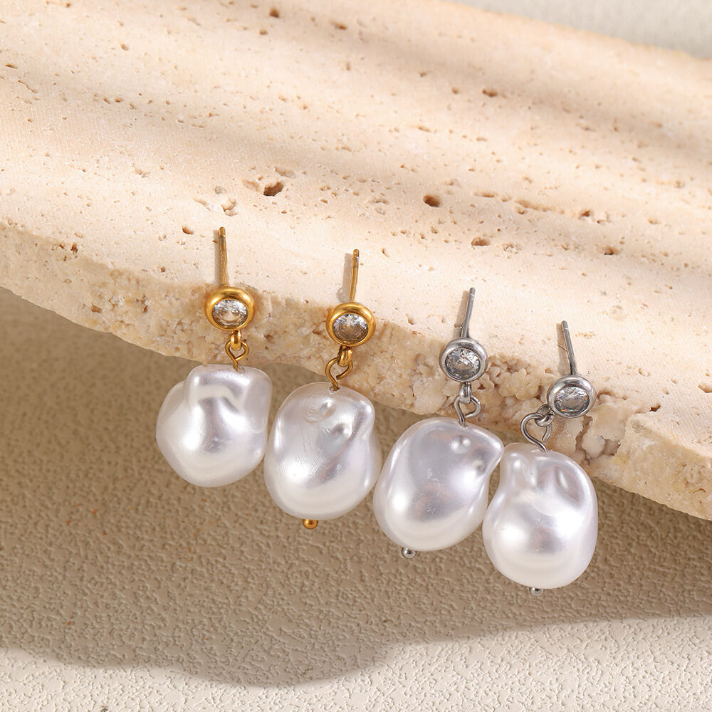 Simple Series Elegant Irregular Shape Stainless Steel Waterproof Gold Color Pearl Drop Earrings
