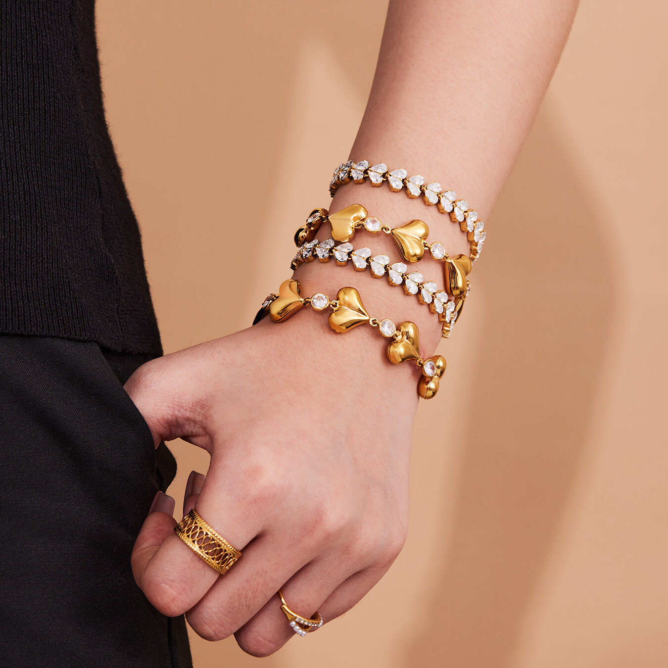 Simple Heart Stainless Steel Waterproof Gold Color Zircon Women's Chain Bracelets