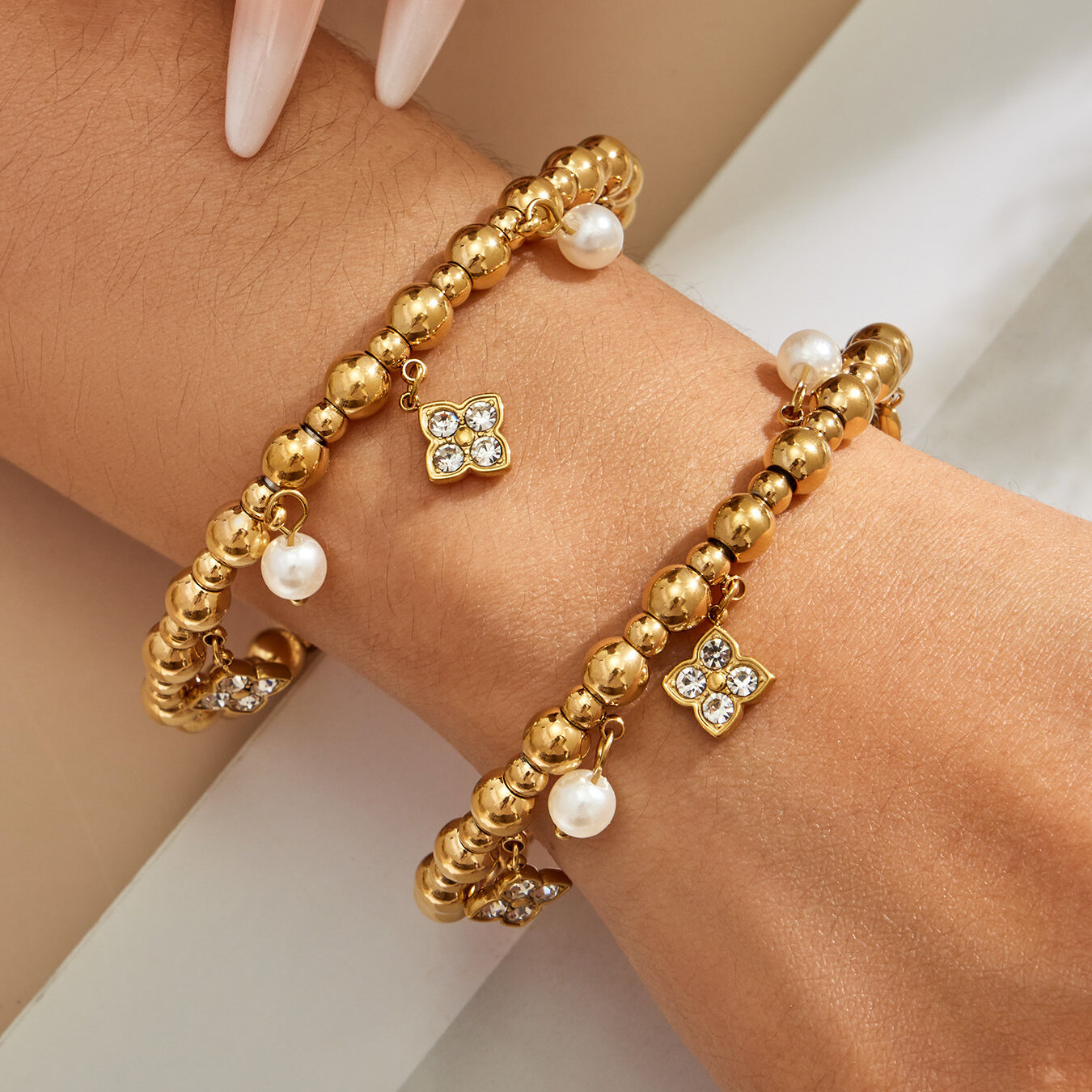 Elegant Flower Stainless Steel Waterproof Gold Color Zircon Women's Cuff Bracelets