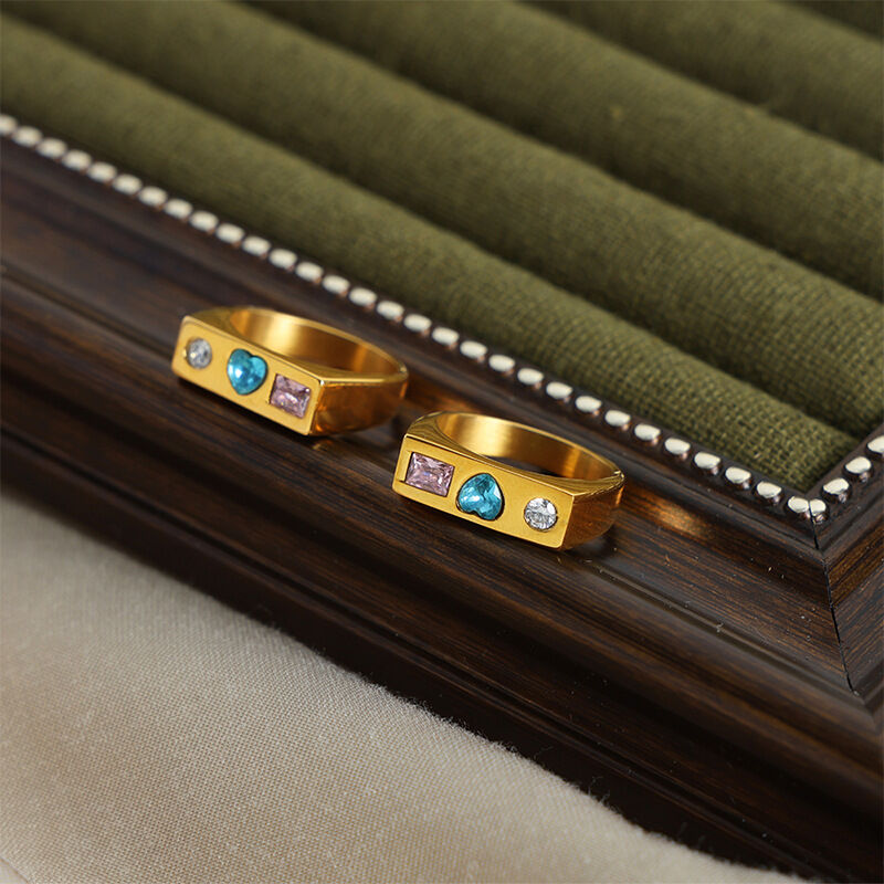 Simple Heart Stainless Steel Waterproof Gold Color  Zircon Signet Rings