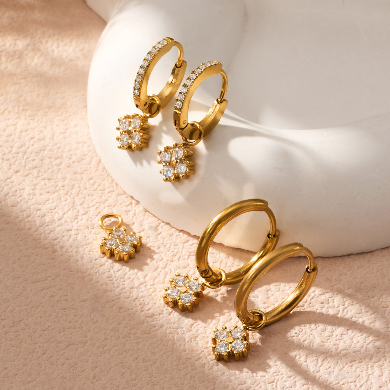 Simple Flower Stainless Steel Waterproof Gold Color Zircon Women's Hoop Earrings