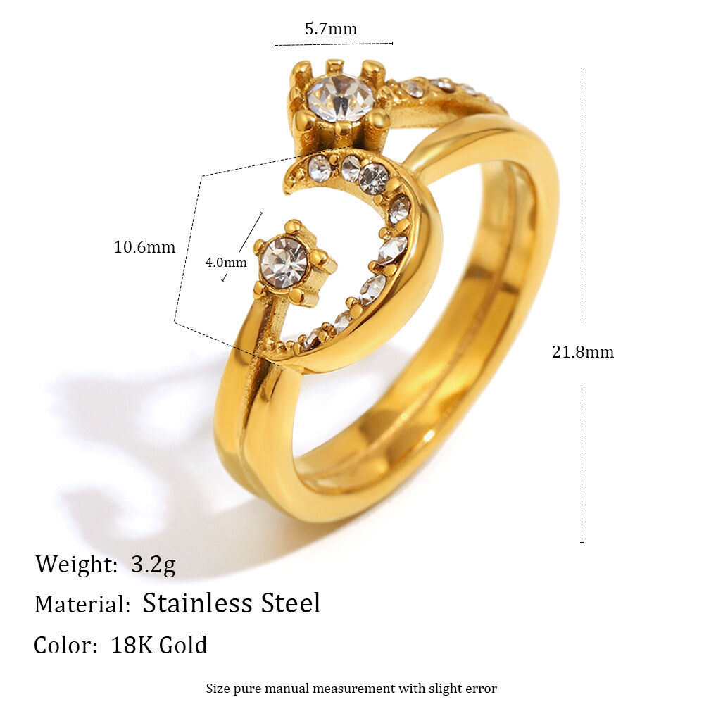 Retro Sun Moon Stainless Steel Waterproof Gold Color Rhinestone Statement Rings h5 Picture2