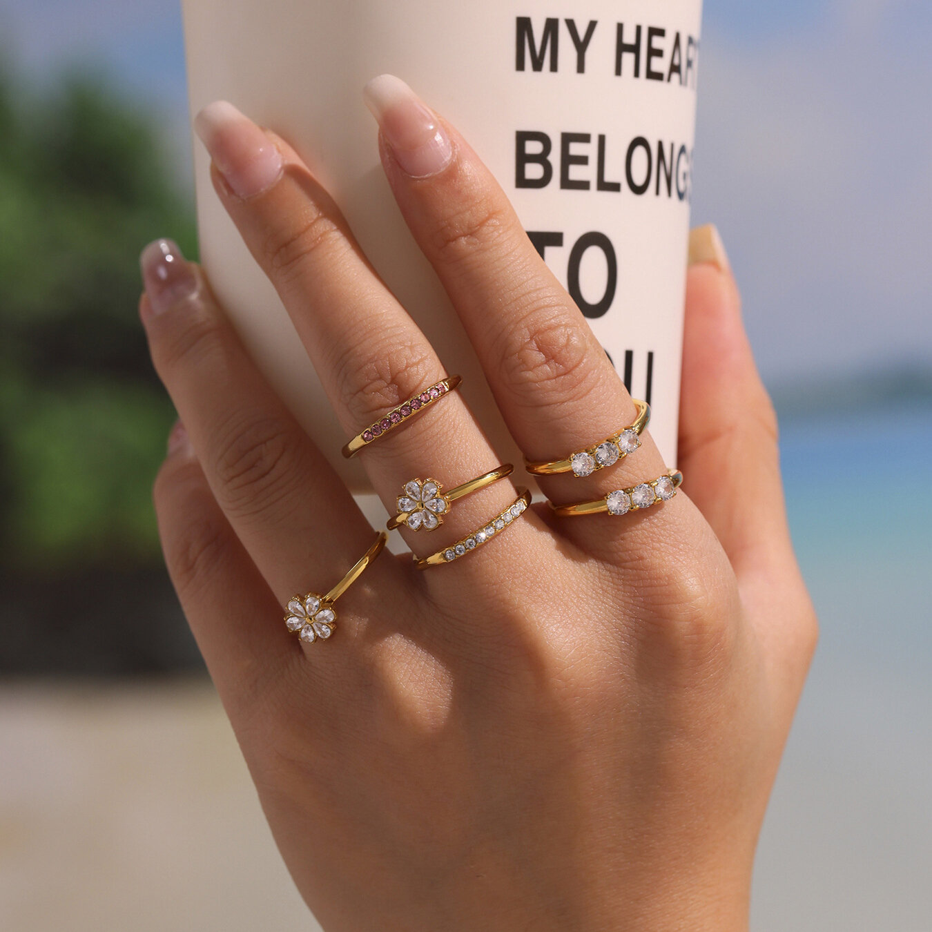 Sweet Flower Stainless Steel Waterproof Gold Color Zircon Women's Gemstone Rings h5 Picture5