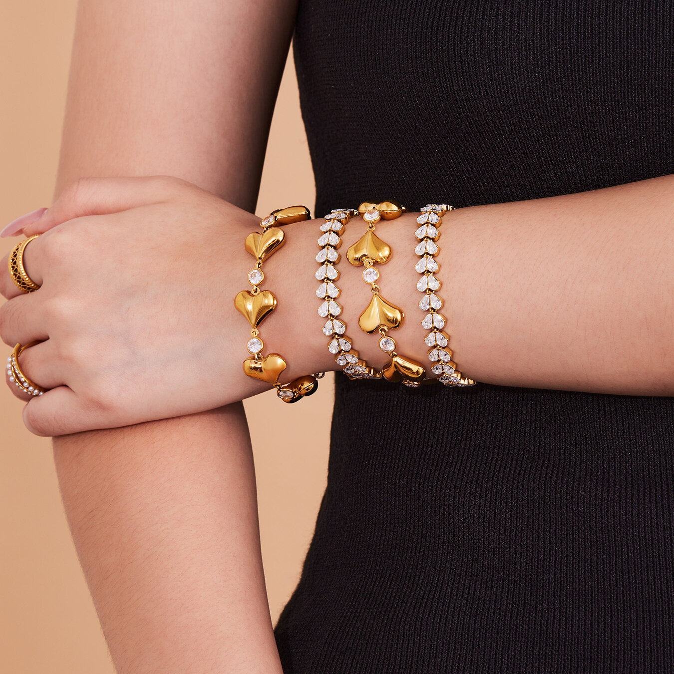 Simple Heart Stainless Steel Waterproof Gold Color Zircon Women's Chain Bracelets Picture5