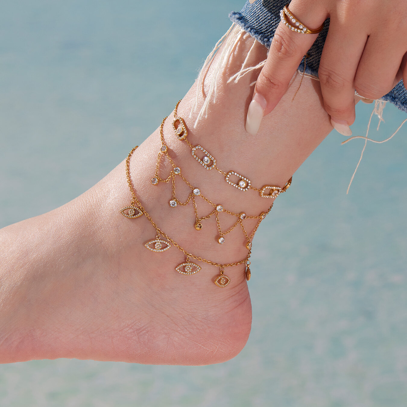 Simple Tassel Stainless Steel Waterproof Gold Color Zircon Anklets