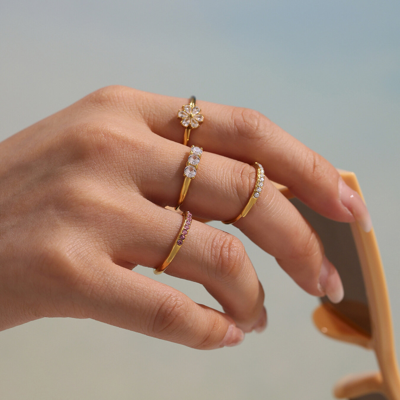 Sweet Flower Stainless Steel Waterproof Gold Color Zircon Women's Gemstone Rings Picture2