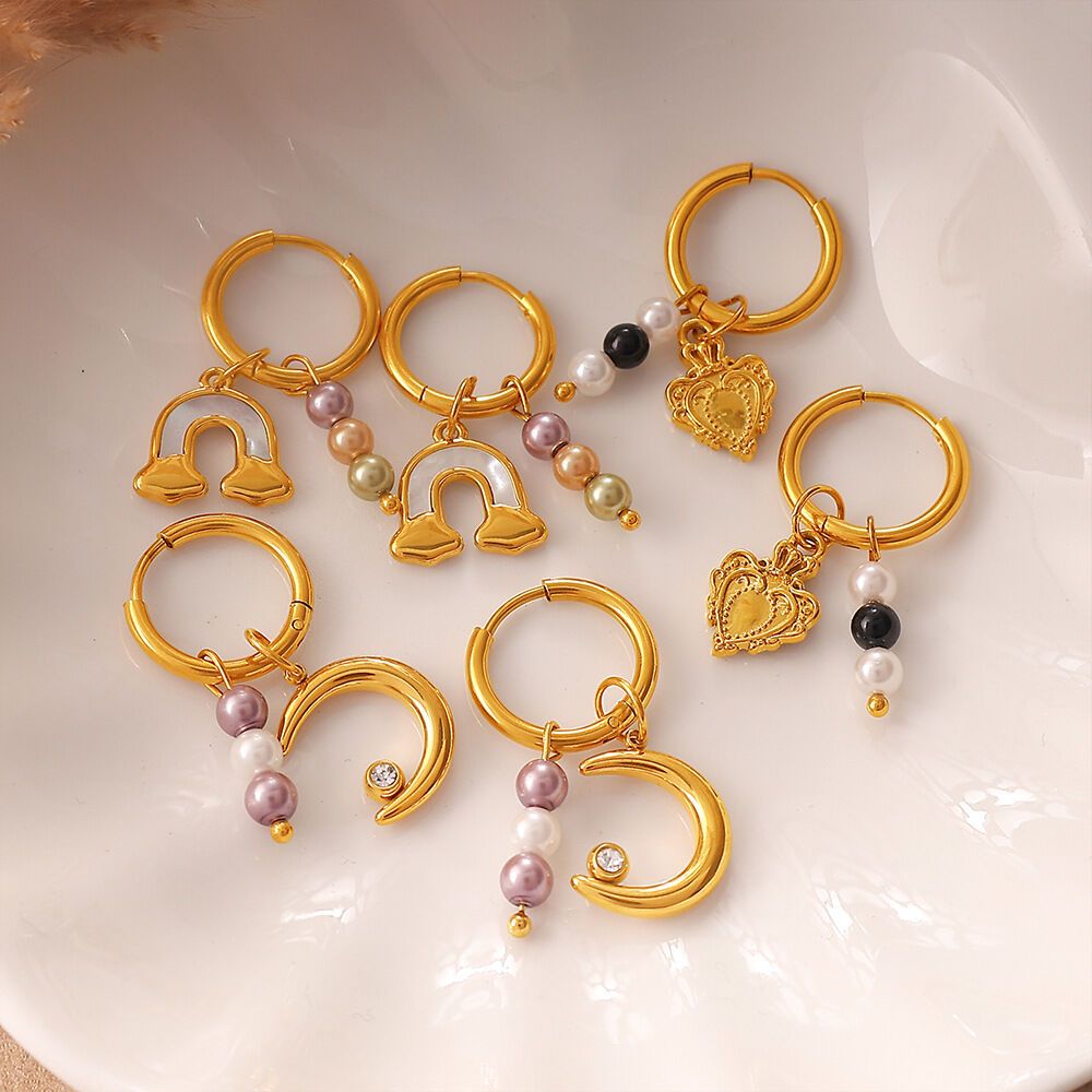 Moon Heart Stainless Steel Waterproof Gold Color Rhinestone Artificial Pearl Women's Drop Earrings