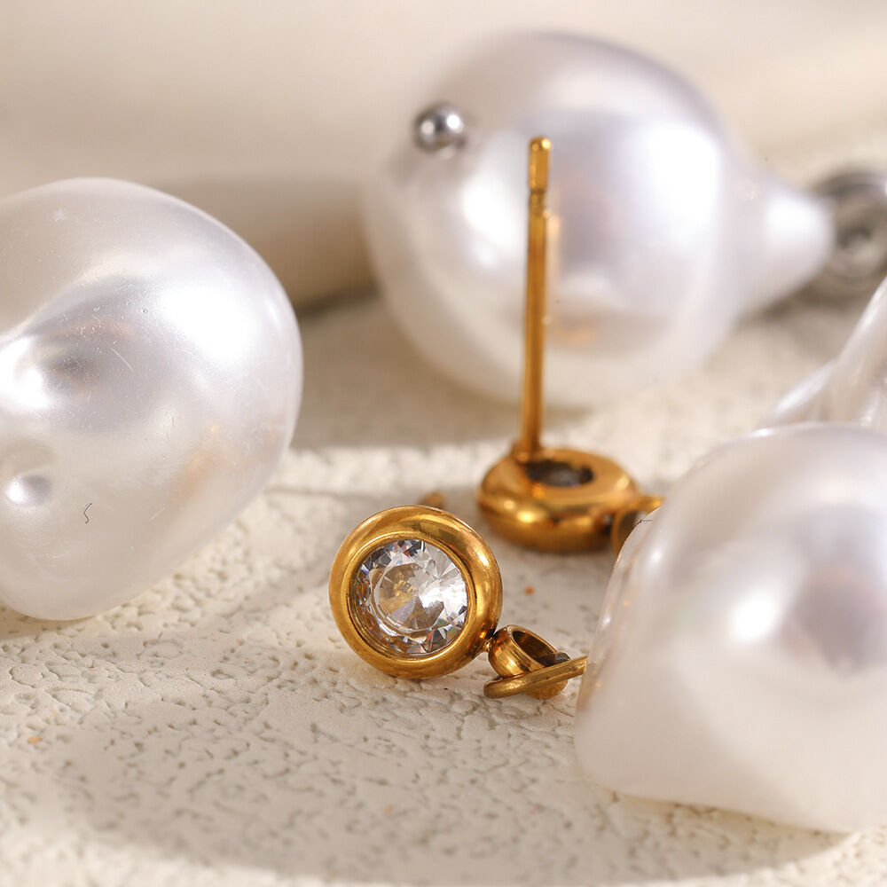 Simple Series Elegant Irregular Shape Stainless Steel Waterproof Gold Color Pearl Drop Earrings h5 Picture4