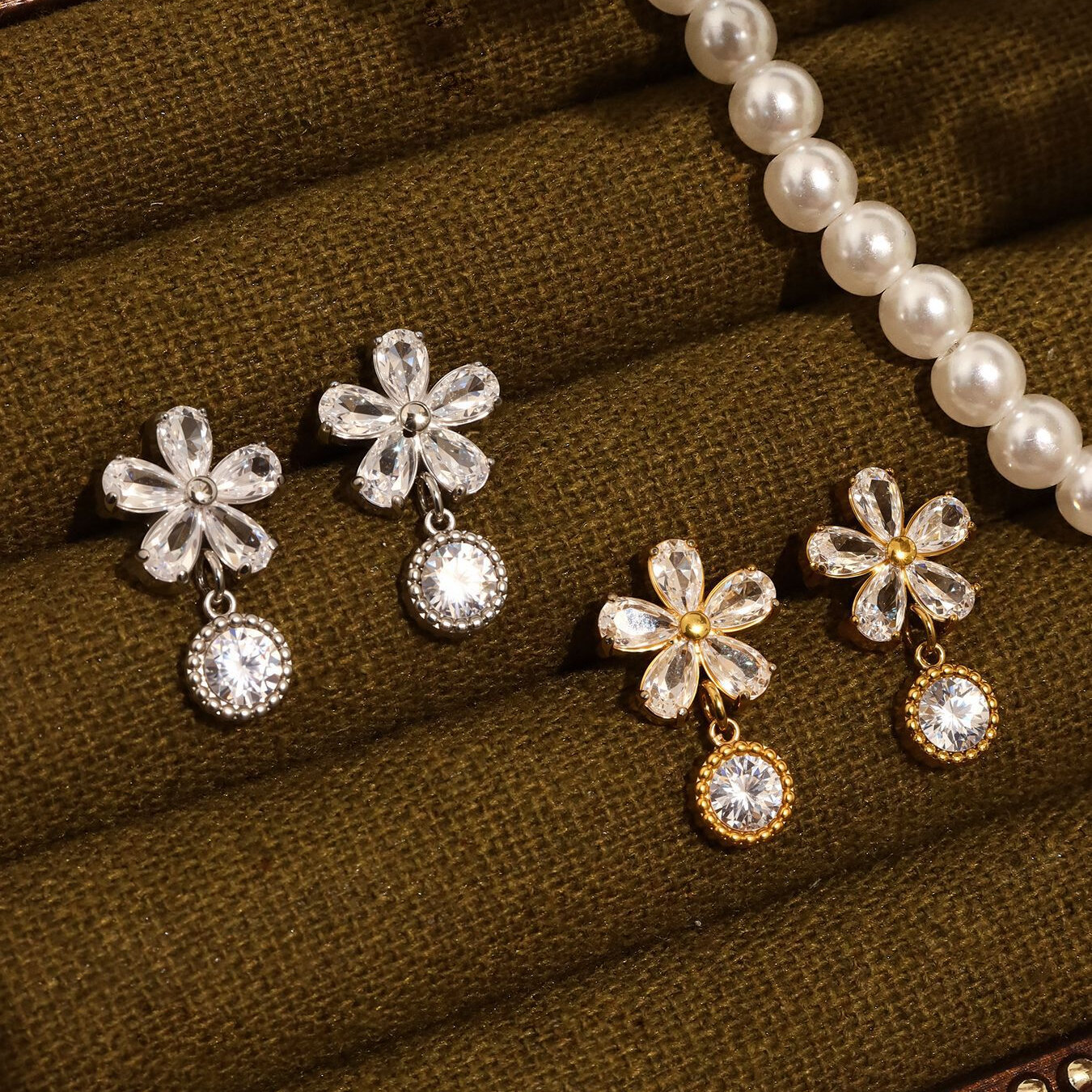 Sweet Flower Stainless Steel Waterproof Gold Color Zircon Women's Drop Earrings Picture3