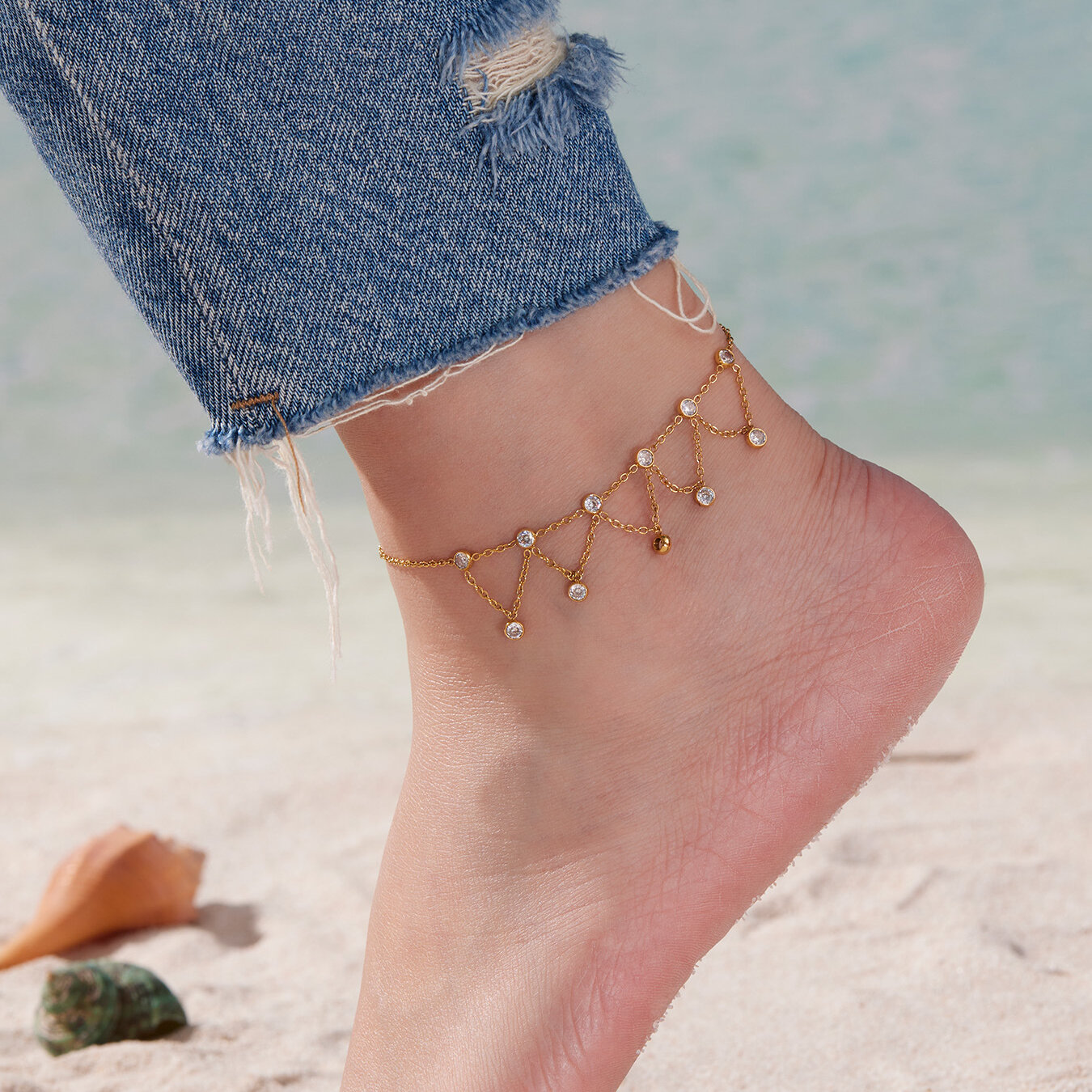 Simple Tassel Stainless Steel Waterproof Gold Color Zircon Anklets h5Picture3
