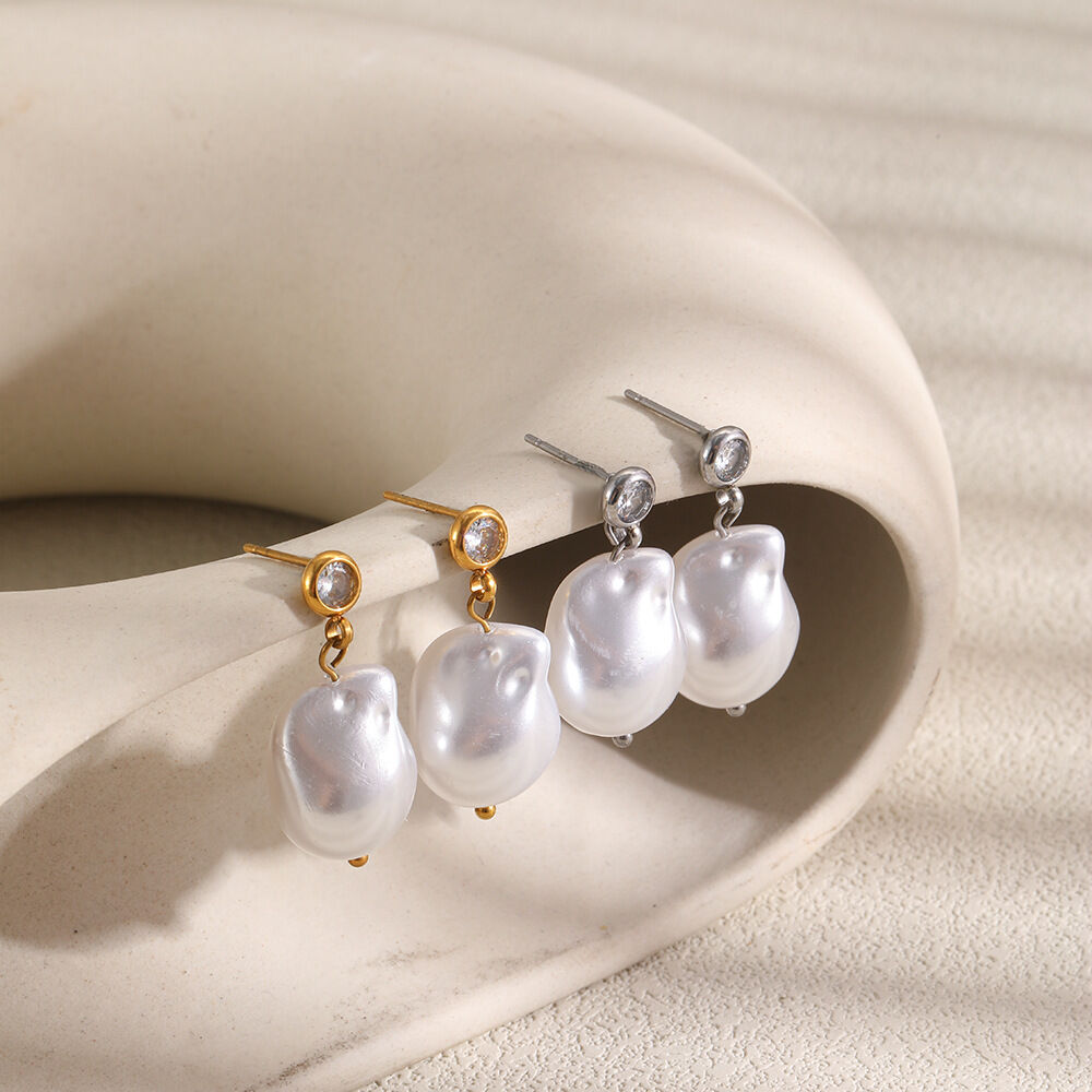 Simple Series Elegant Irregular Shape Stainless Steel Waterproof Gold Color Pearl Drop Earrings h5 Picture2