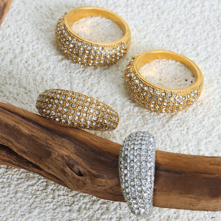 Luxurious Solid Color Stainless Steel Waterproof Gold Color Rhinestone Women's Gemstone Rings