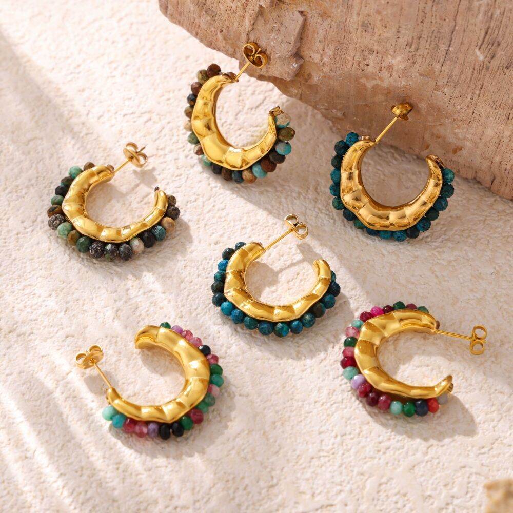 Retro Circle Titanium Steel Gold Color Natural Stone Women's Hoop Earrings