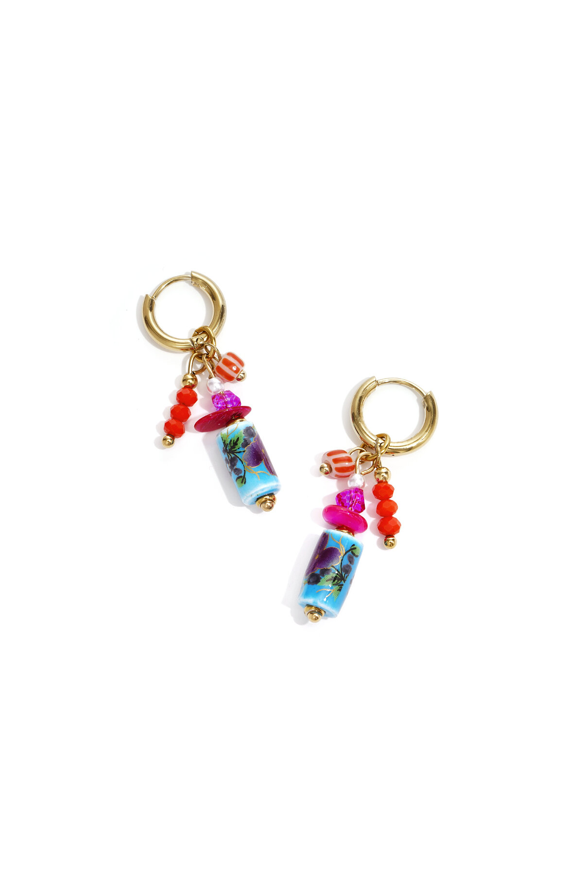 Earrings with dangling beads and a floral print h5 