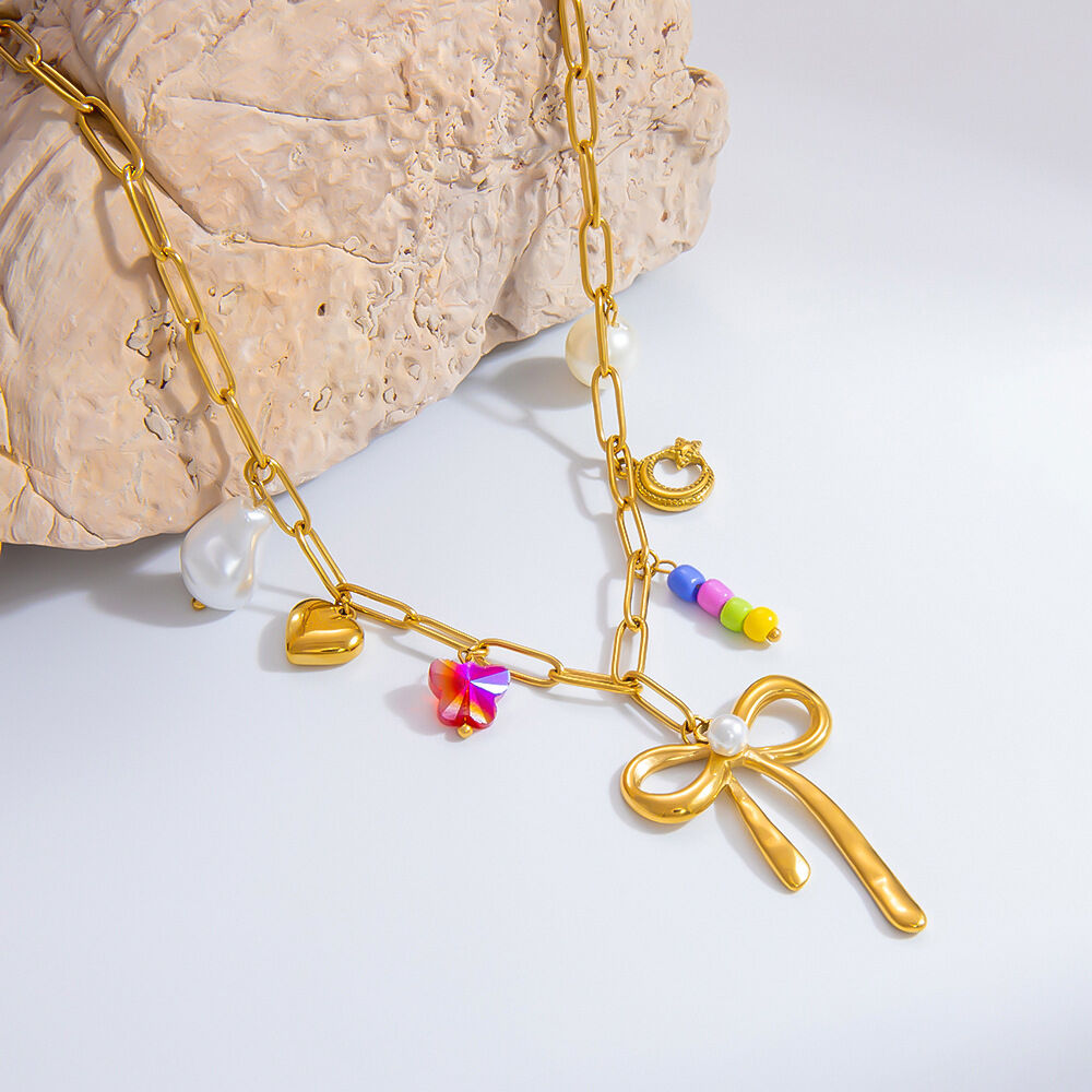 collier avec pendentif en acier inoxydable plaqué or  et perles artificielles pour femme, série romantique, nœud papillon h5 Image2