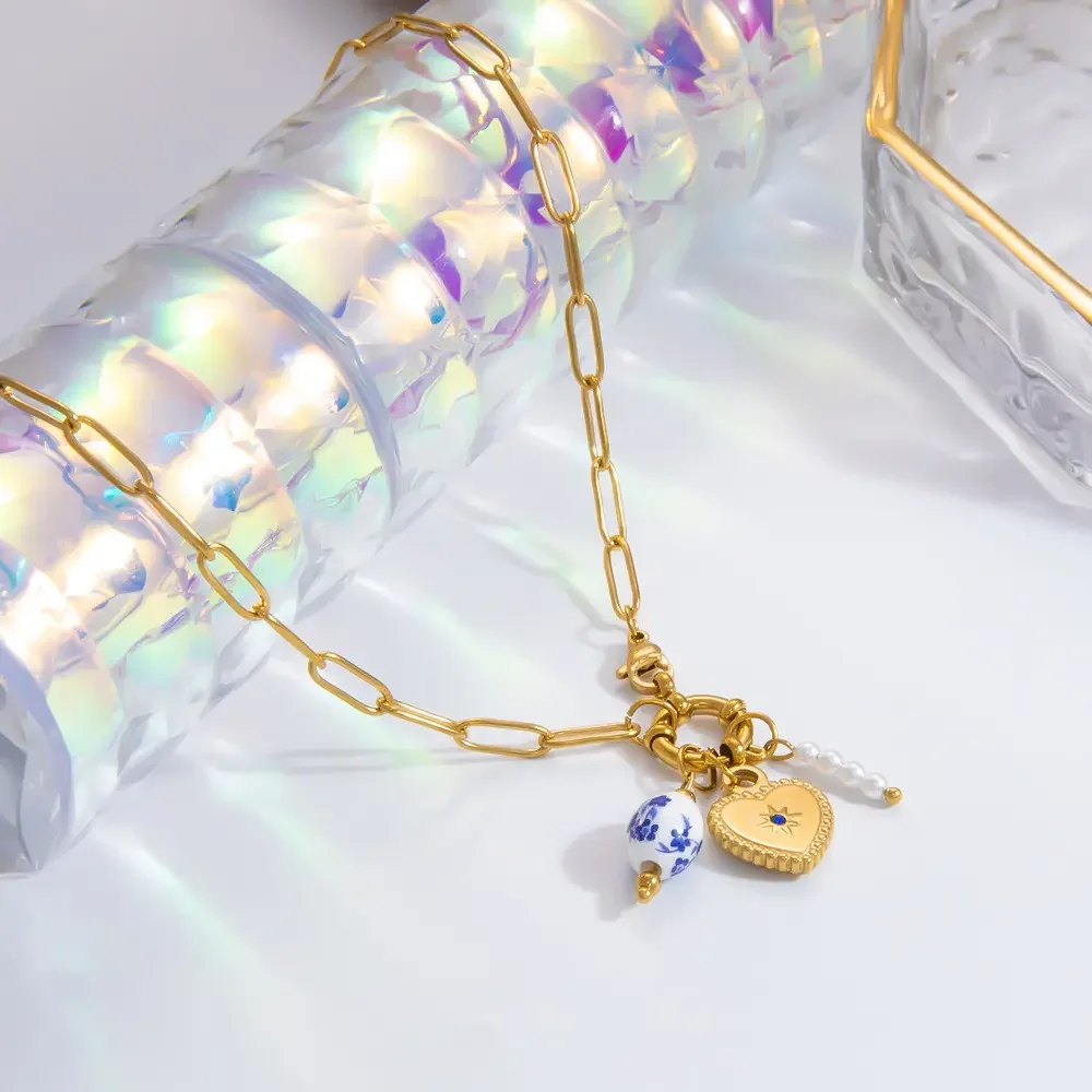 1 Piece Classic Series Porcelainous Heart Random Letters Stainless Steel Waterproof Gold Color Artificial Pearl Women's Pendant Necklaces