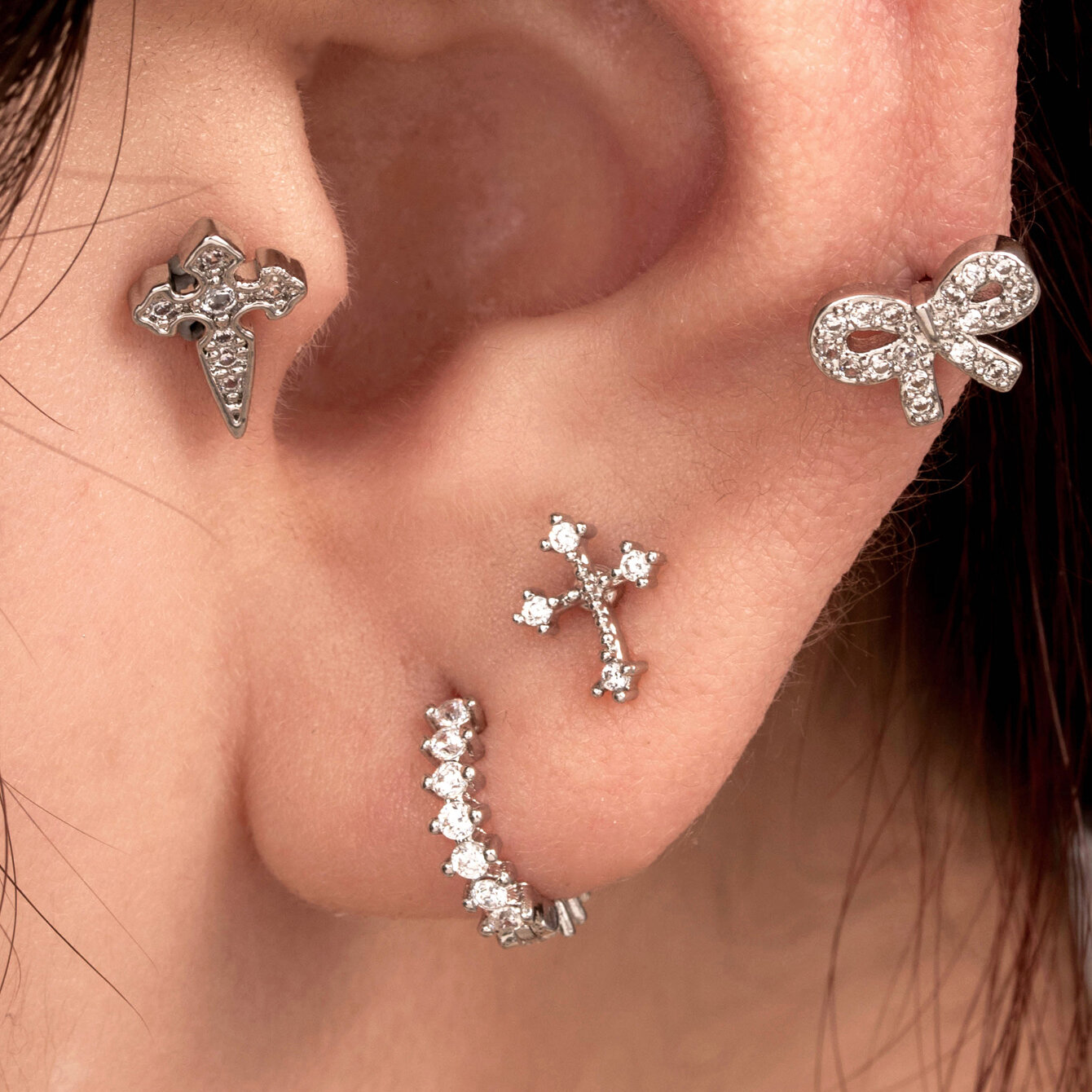 Boucles d'oreilles piercing femme Simple Series Simple Bow Knot en cuivre sans placage et zircon h5 Image2