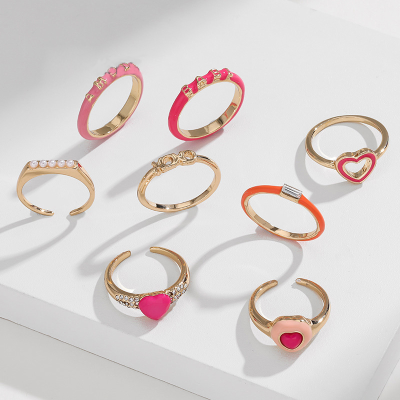 1 Set Vogue Series Polychrome Exquisite Heart Drop Oil Alloy Lightweight Women's Ring Sets h5Picture5