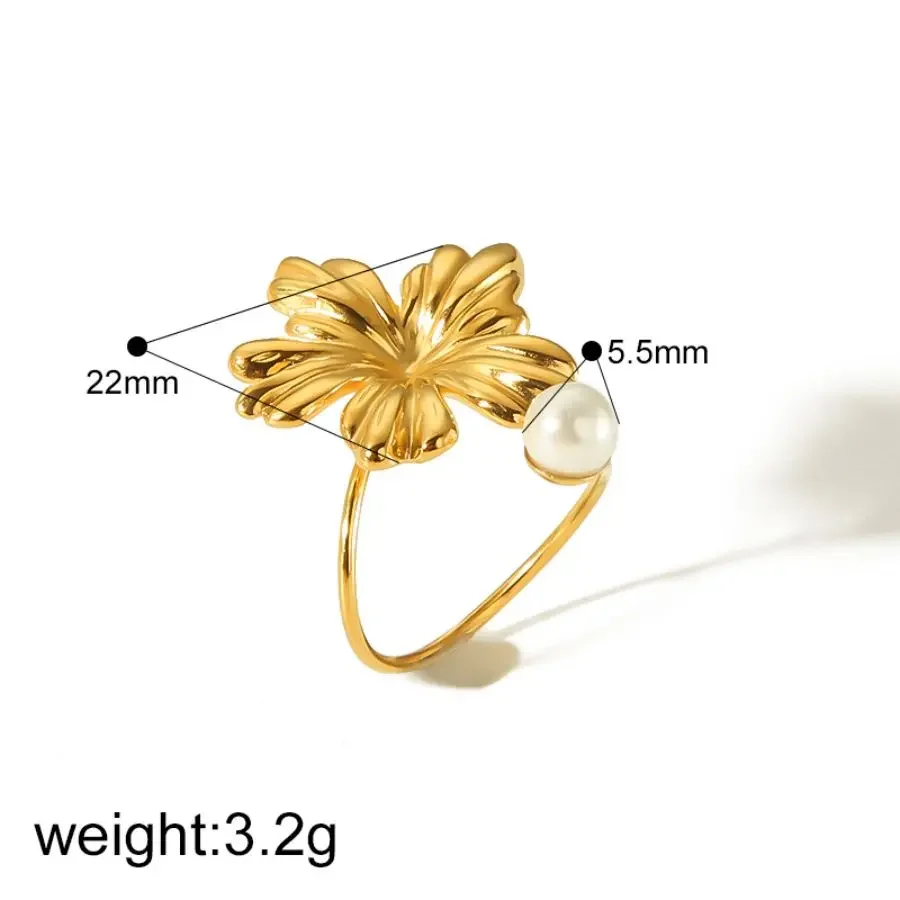 1 piece of exquisite and elegant  gold-plated stainless steel irregular flower butterfly pearl open ring for women's jewelry for daily wear 