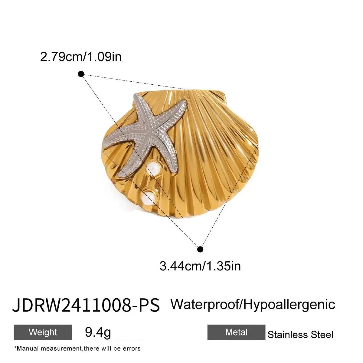1 par de anillos ajustables para mujer de acero inoxidable con concha natural y perla artificial chapada en oro de 18 quilates. h5 