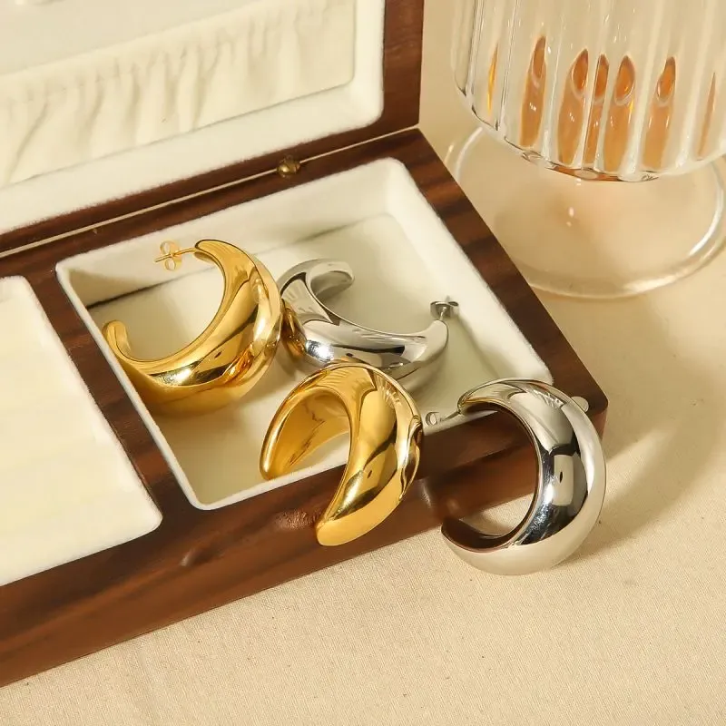 1 Pair Of Classic Fashion Gold-Plated Stainless Steel Oversized Crescent Hollow Earrings For Women's Jewelry For Daily Wear h5Picture2