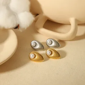 1 Pair Of Stylish And Elegant Gold-Plated Stainless Steel Metal Stripe Pearl Stud Earrings For Women Jewelry For Daily Wear h5 Picture2