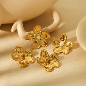 1 Paio Di Orecchini A Forma Di Fiore Martellato In Acciaio Inossidabile Placcato Oro 18K Personalizzati Per L'Uso Quotidiano Delle Donne h5 Immagine2