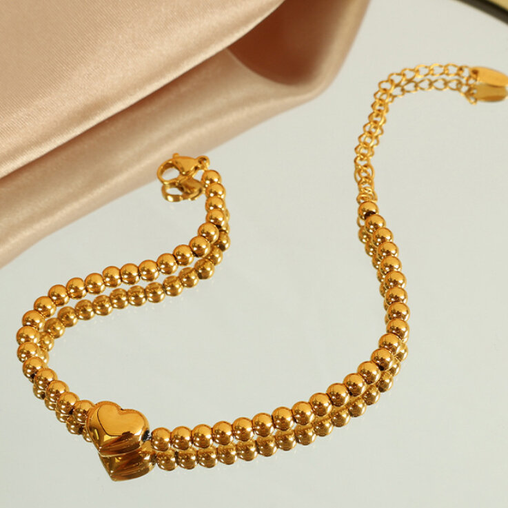Pulsera de cuentas para mujer, de acero inoxidable chapado en oro de 18 quilates, con diseño de corazón retro, serie simple, 1 unidad