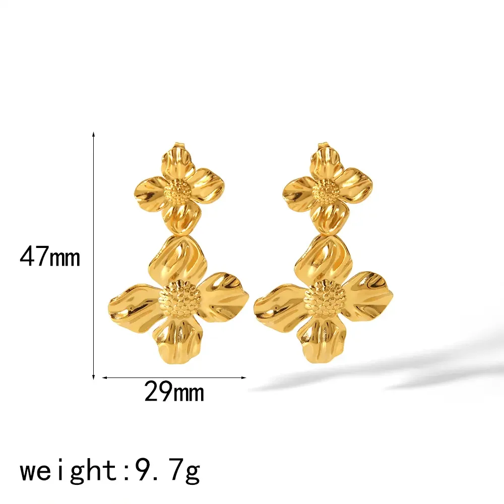 1 paire de boucles d'oreilles pendantes en forme de feuille et de fleur en acier inoxydable plaqué or , à la mode et personnalisées, pour bijoux pour femmes à porter au quotidien
