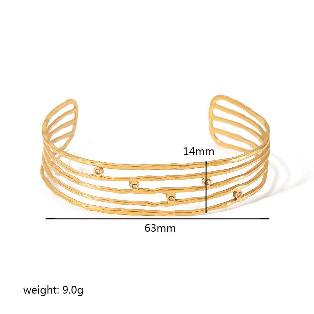 1 paio di braccialetti aperti alla moda classici in acciaio inossidabile placcato oro 18k con zirconi cavi multi-linea h5