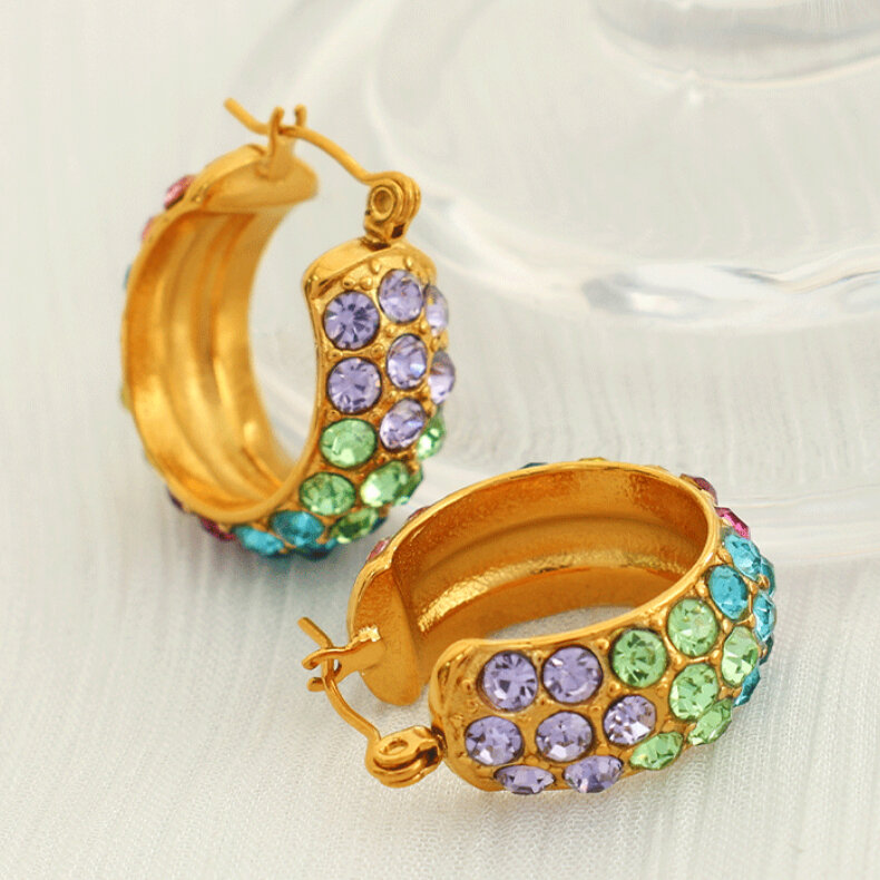 1 paio di orecchini a bottone da donna in acciaio inossidabile placcato oro, semplici e geometrici, con strass, di lusso