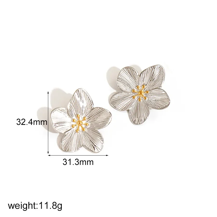 1 paire de boucles d'oreilles pour femme en acier inoxydable plaqué or , motif fleur simple