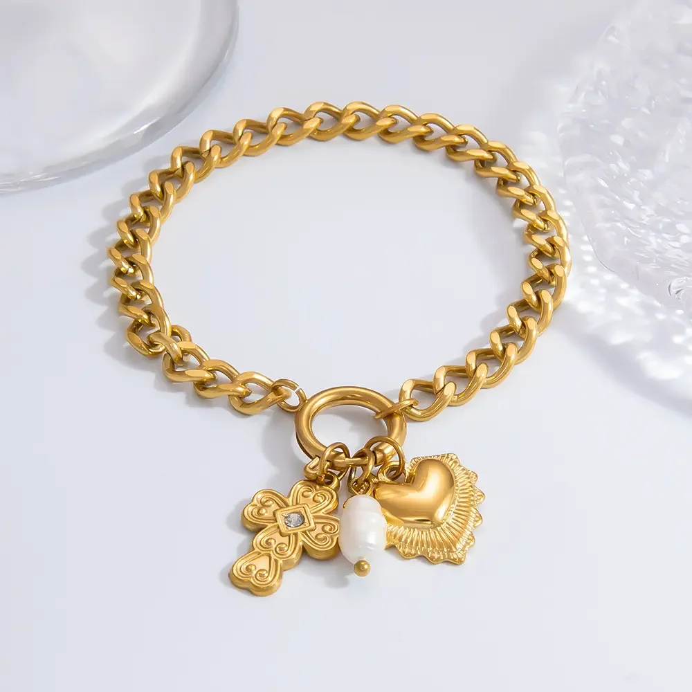 1 piece classic series daily heart stainless steel gold color plated rhinestone women's charm bracelets