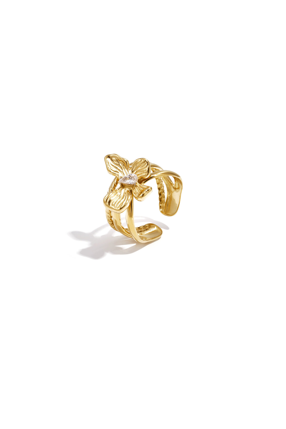 Layered statement ring with flower and stone h5 